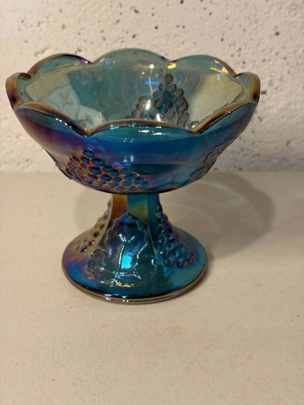 Vintage Marigold Indiana Carnival Glass Harvest Grape Pedestal Compote Bowl 4" b